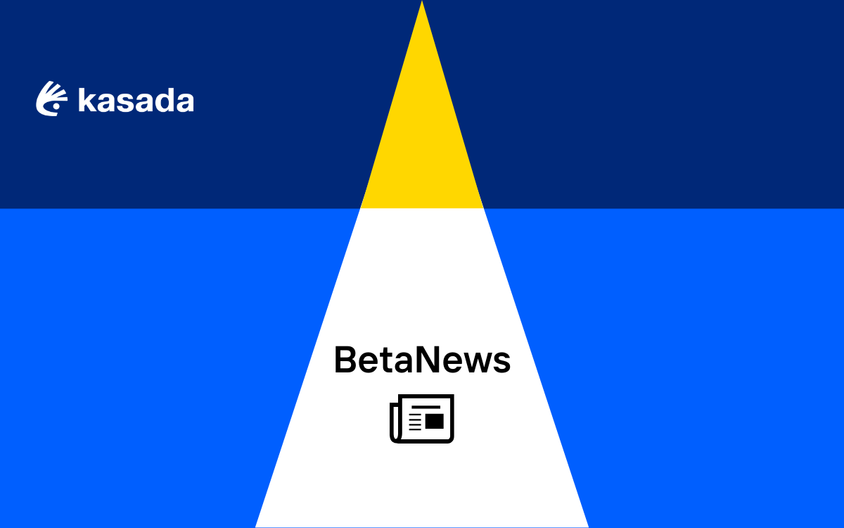 Background of geometric shapes with the Kasada logo in the top left corner and BetaNews centered above an icon of a newsletter