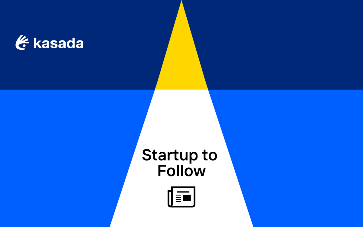 Background of geometric shapes with the Kasada logo in the top left corner and Startup to Follow centered above an icon of a newsletter