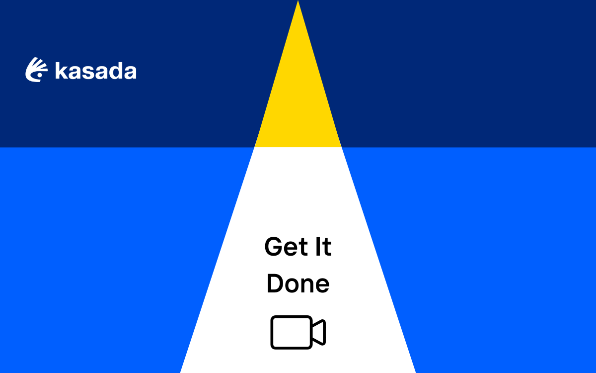 Background of geometric shapes with the Kasada logo in the top left corner and Get It Done centered above an icon of a video camera