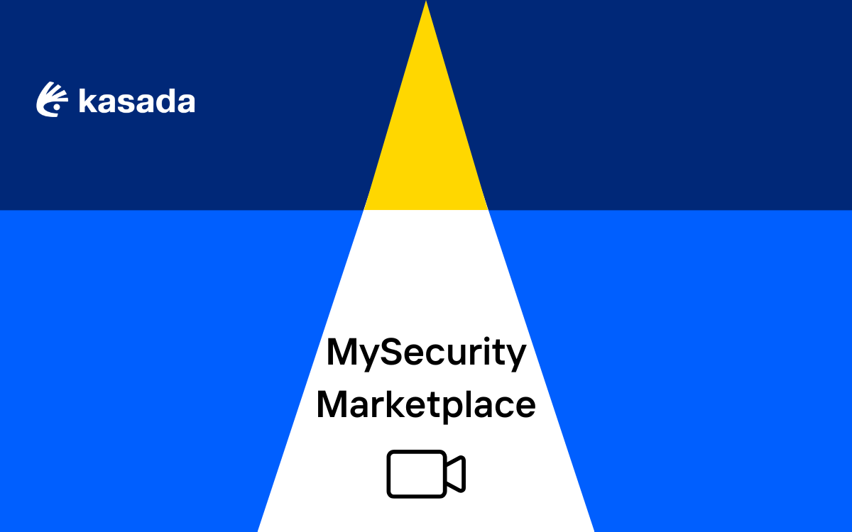 Background of geometric shapes with the Kasada logo in the top left corner and MySecurity Marketplace centered above an icon of a video camera