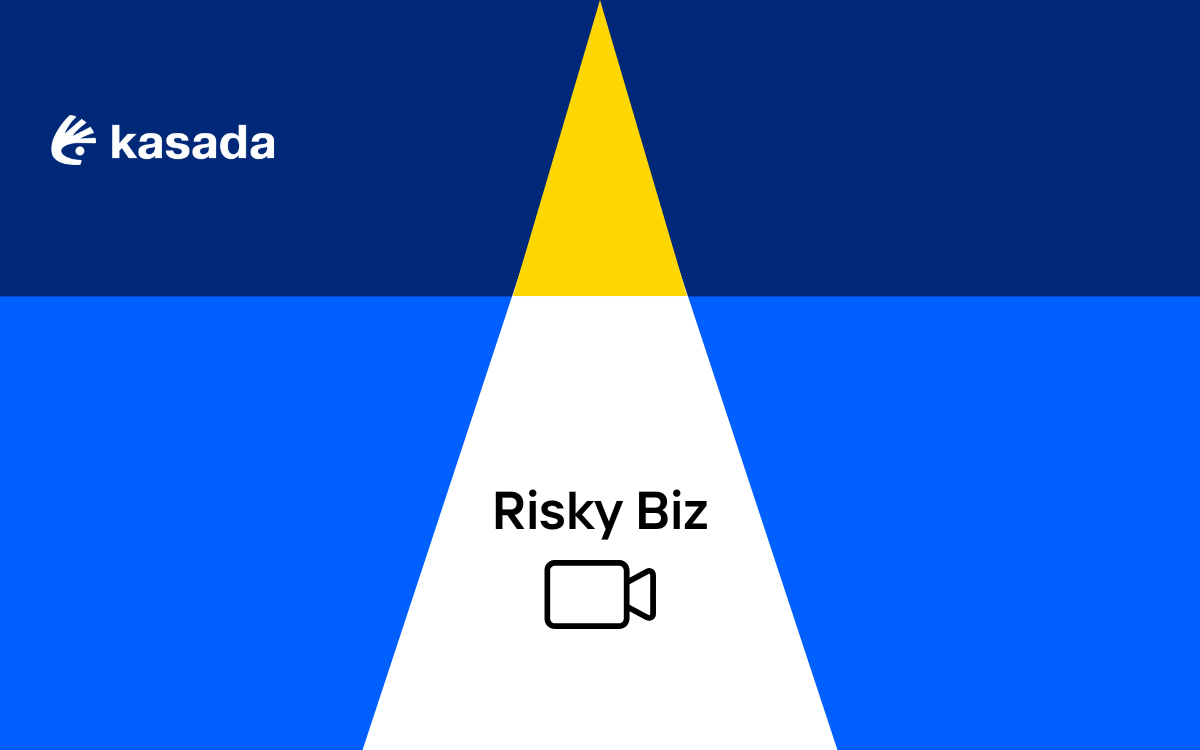 Background of geometric shapes with the Kasada logo in the top left corner and Risky Biz centered above an icon of a video camera