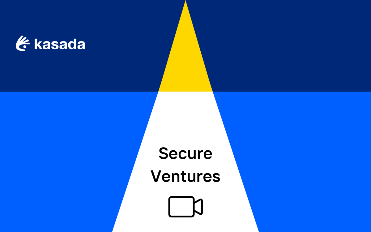 Background of geometric shapes with the Kasada logo in the top left corner and Secure Ventures centered above an icon of a video camera