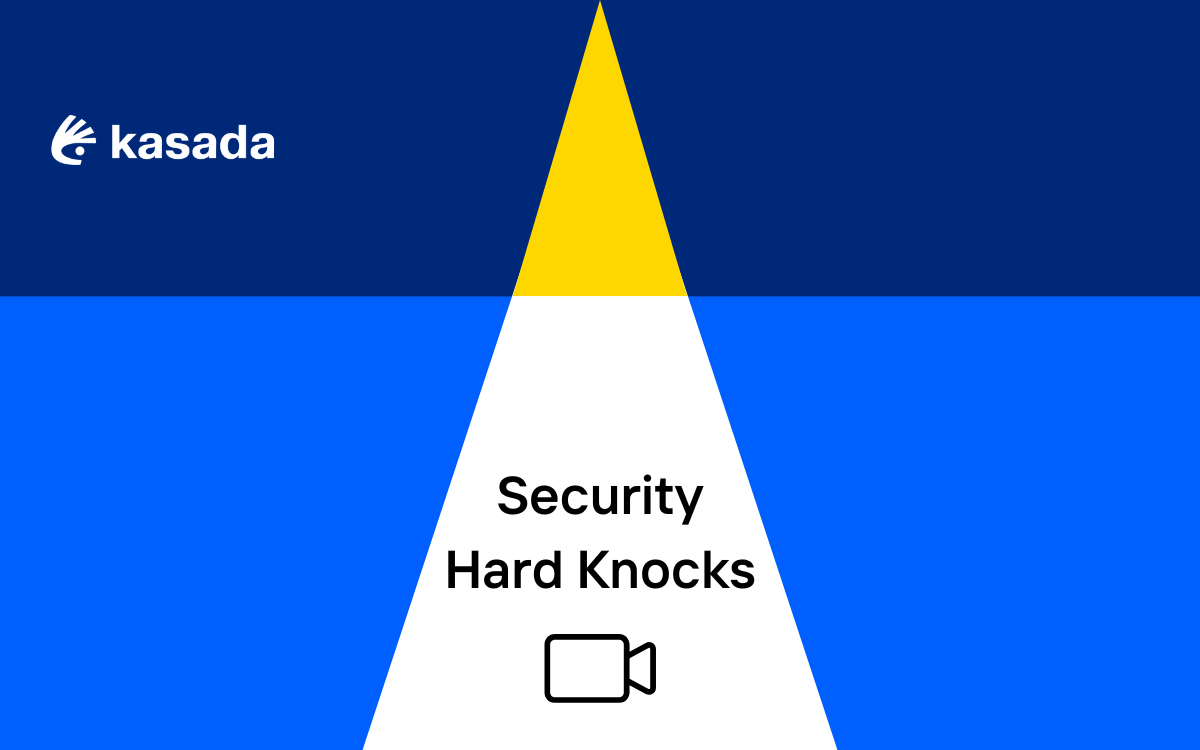Background of geometric shapes with the Kasada logo in the top left corner and Security Hard Knocks centered above an icon of a video camera